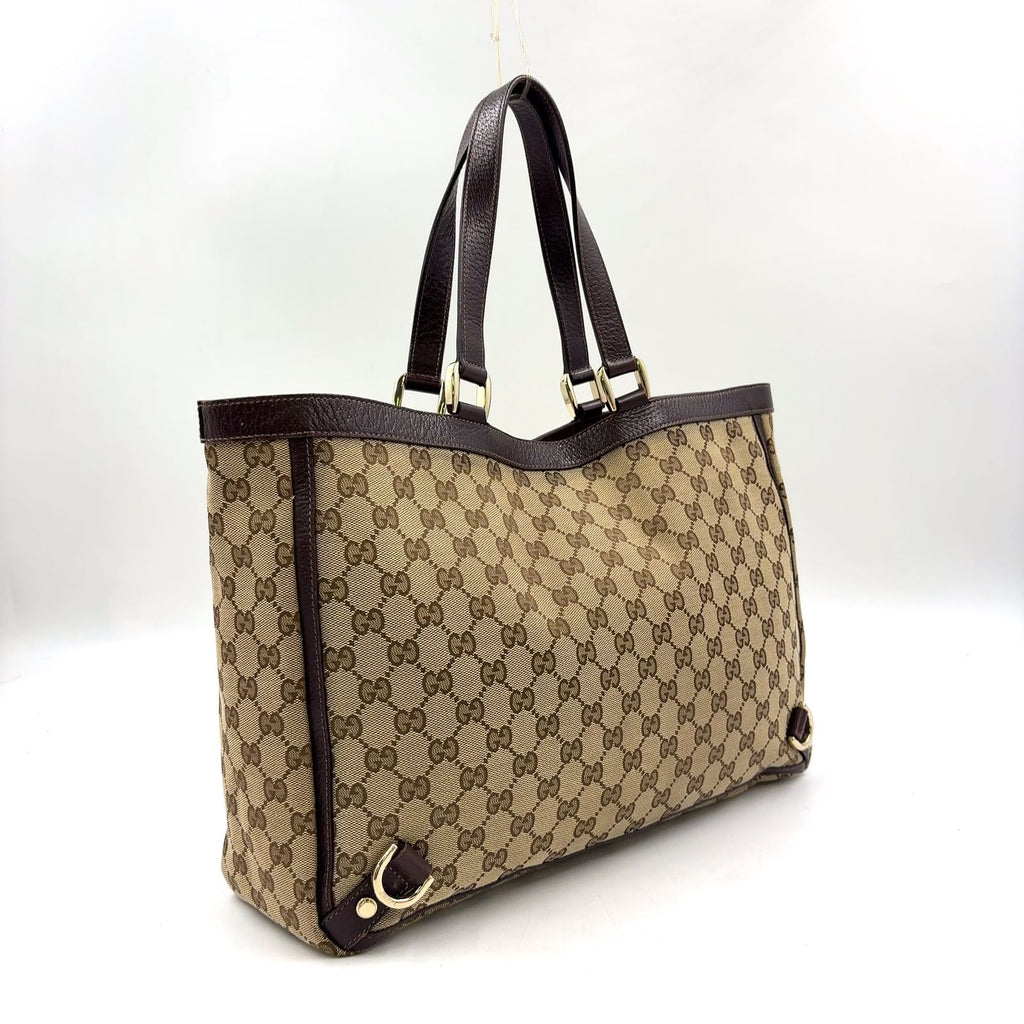 Gucci Abbey Leather Canvas Dark Brown Beige Tote Bag Gold — view 2