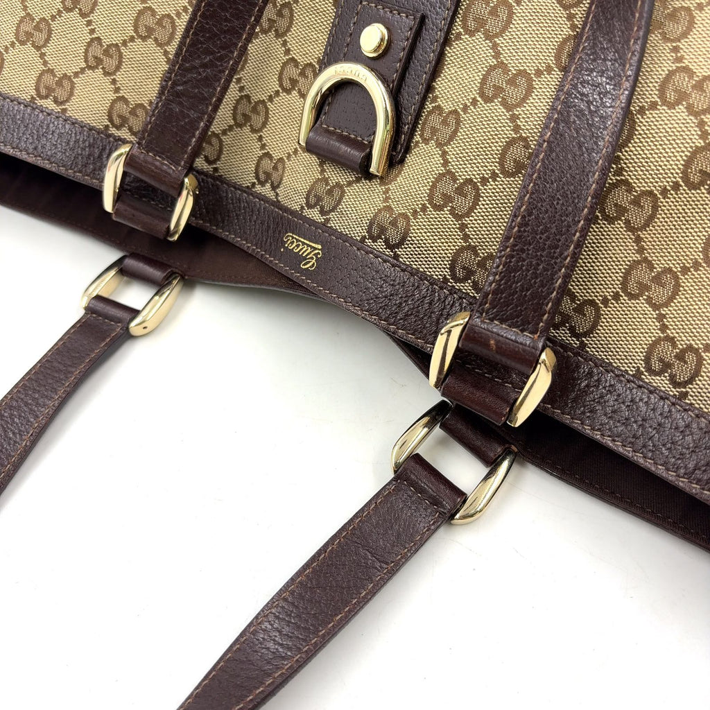 Gucci Abbey Leather Canvas Dark Brown Beige Tote Bag Gold — view 6