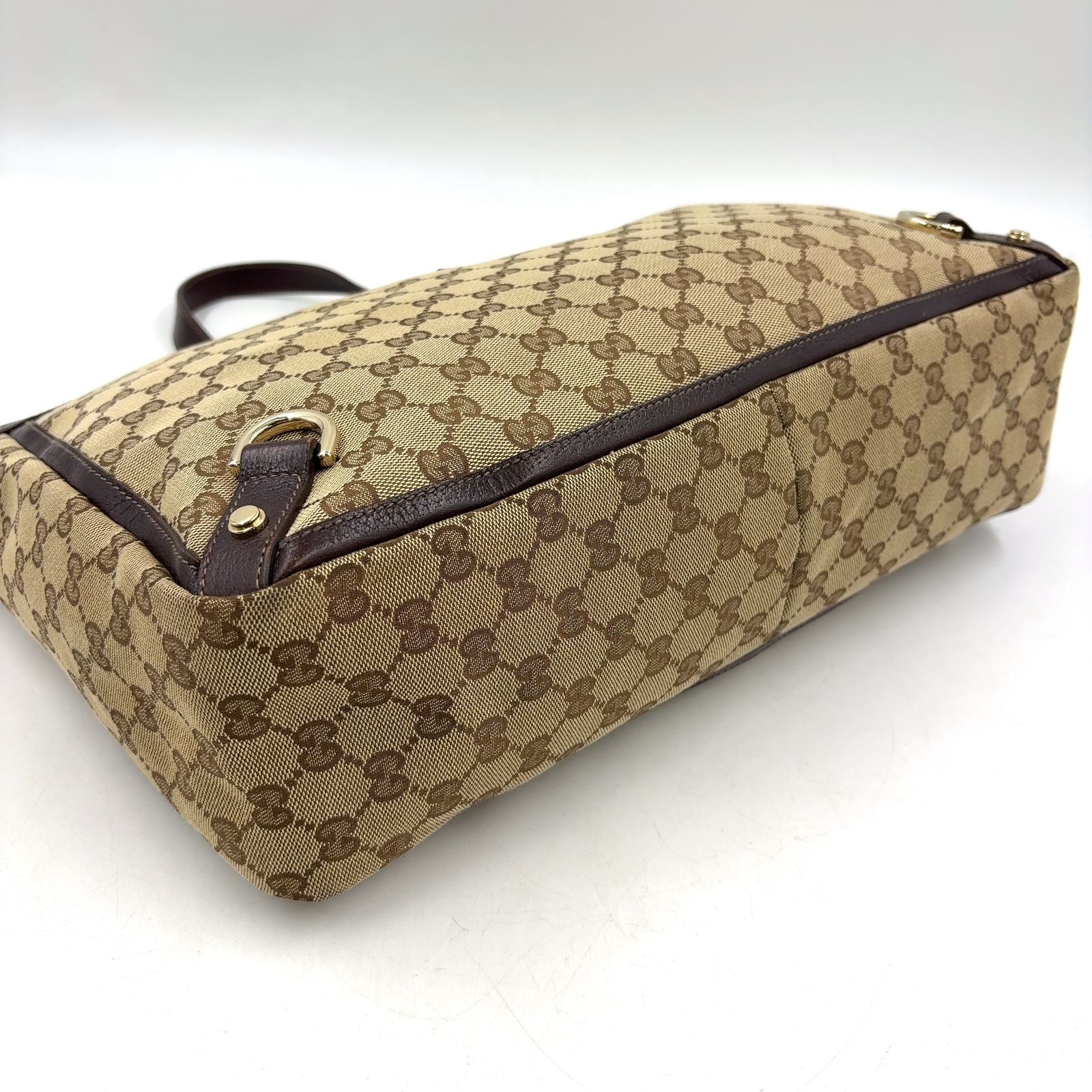 Gucci Abbey Leather Canvas Dark Brown Beige Tote Bag Gold — view 8