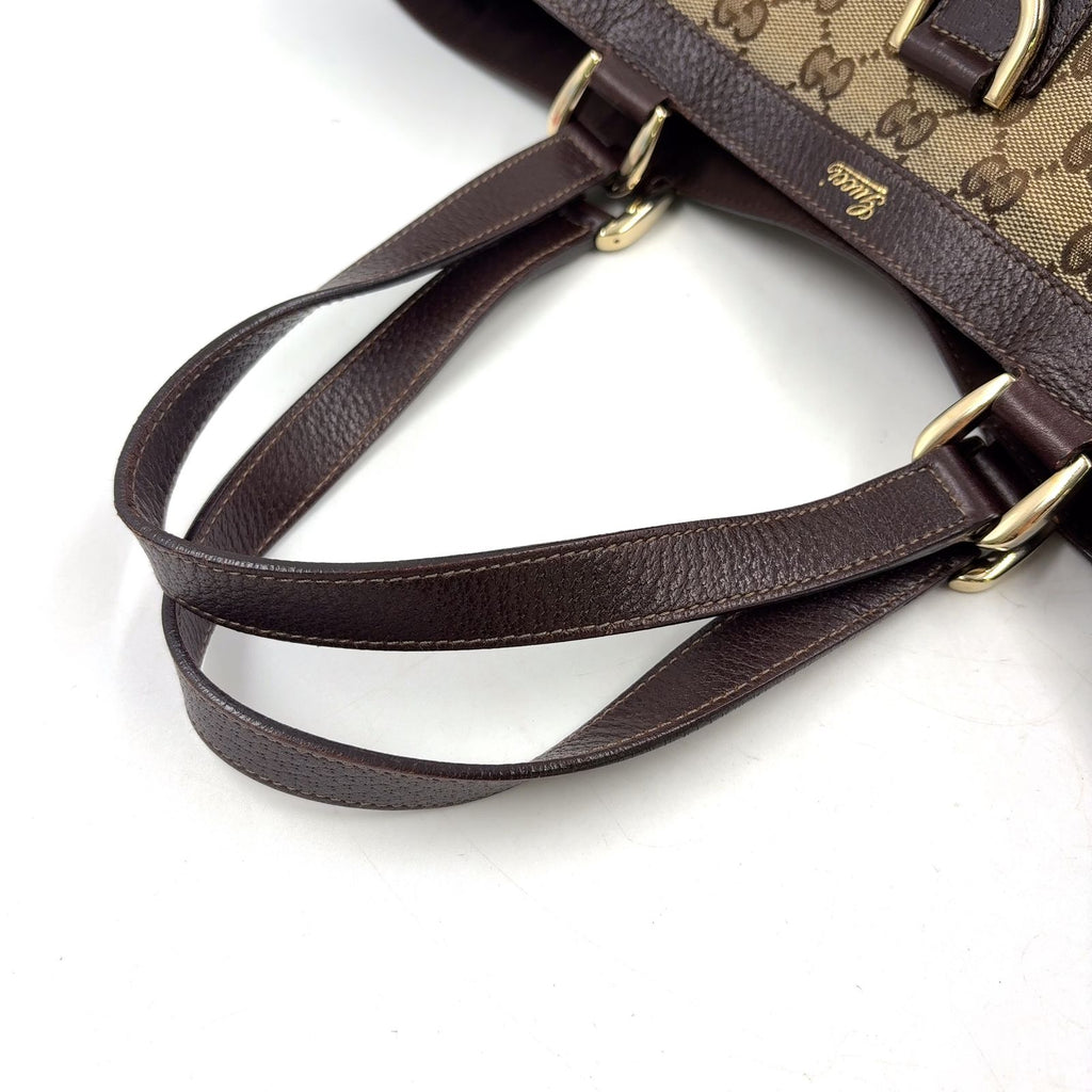Gucci Abbey Leather Canvas Dark Brown Beige Tote Bag Gold — view 5