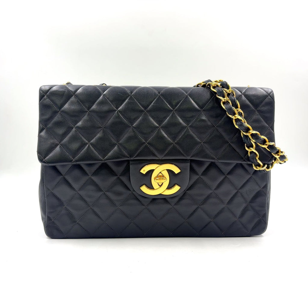 Chanel Maxi Quilted 34 Lambskin Black Chain Shoulder Bag Gold