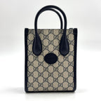 Gucci Interlocking 2-Way Leather Navy Beige Handbag Silver