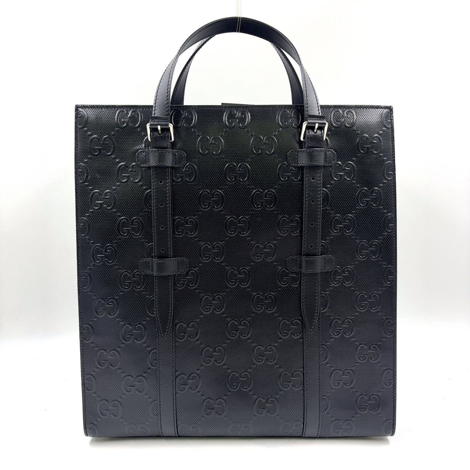 Gucci GG Embossed Calfskin Black Tote Bag Silver