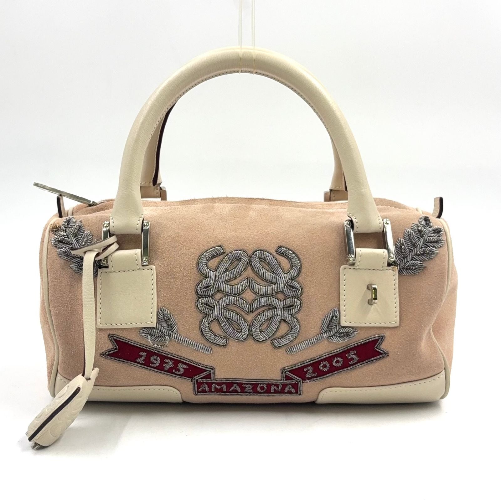 Loewe Amazona Embroidered Leather Suede White Light Pink Handbag Silver
