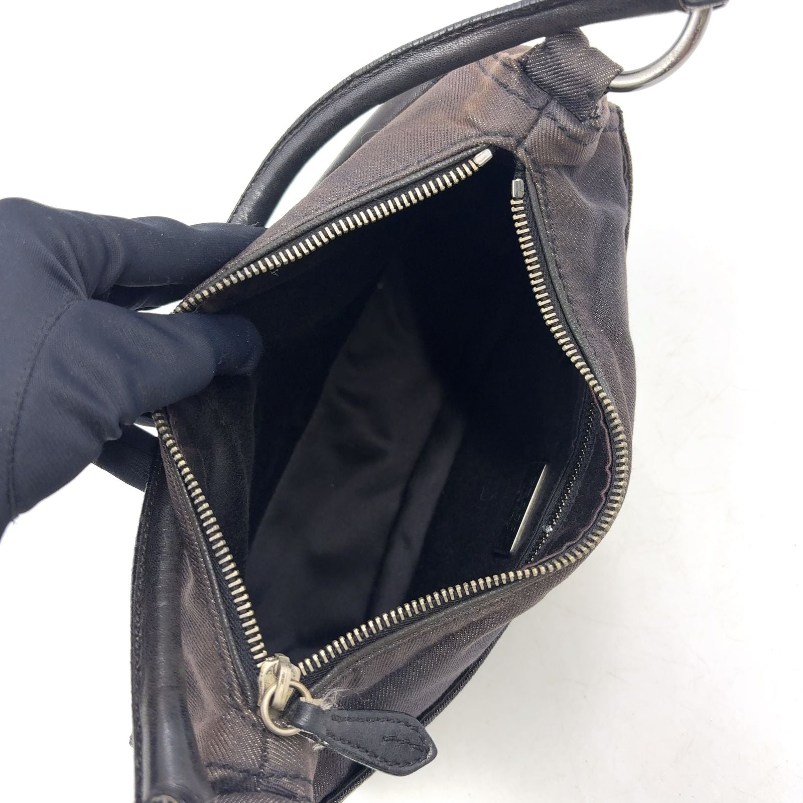 Prada Front Pocket Leather Denim Black Shoulder Bag Silver — view 3