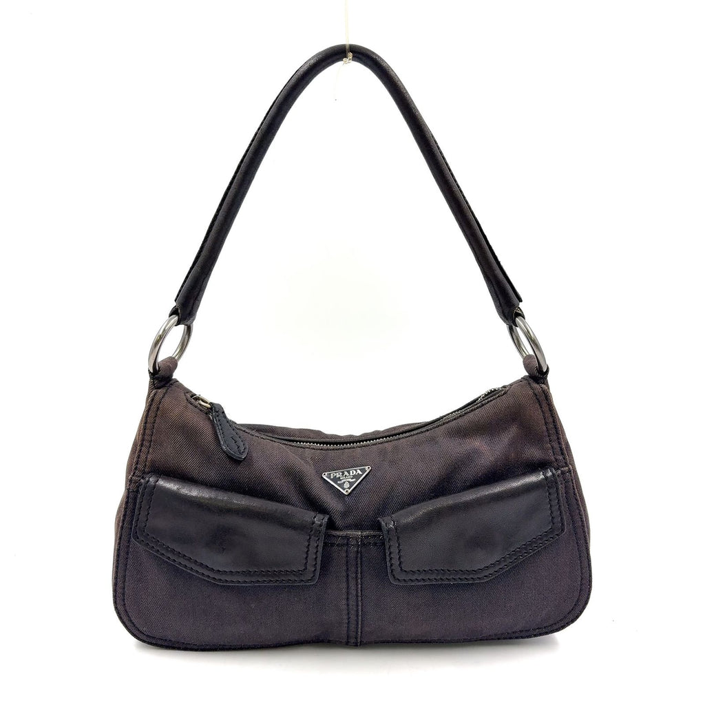 Prada Front Pocket Leather Denim Black Shoulder Bag Silver