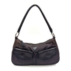 Prada Front Pocket Leather Denim Black Shoulder Bag Silver