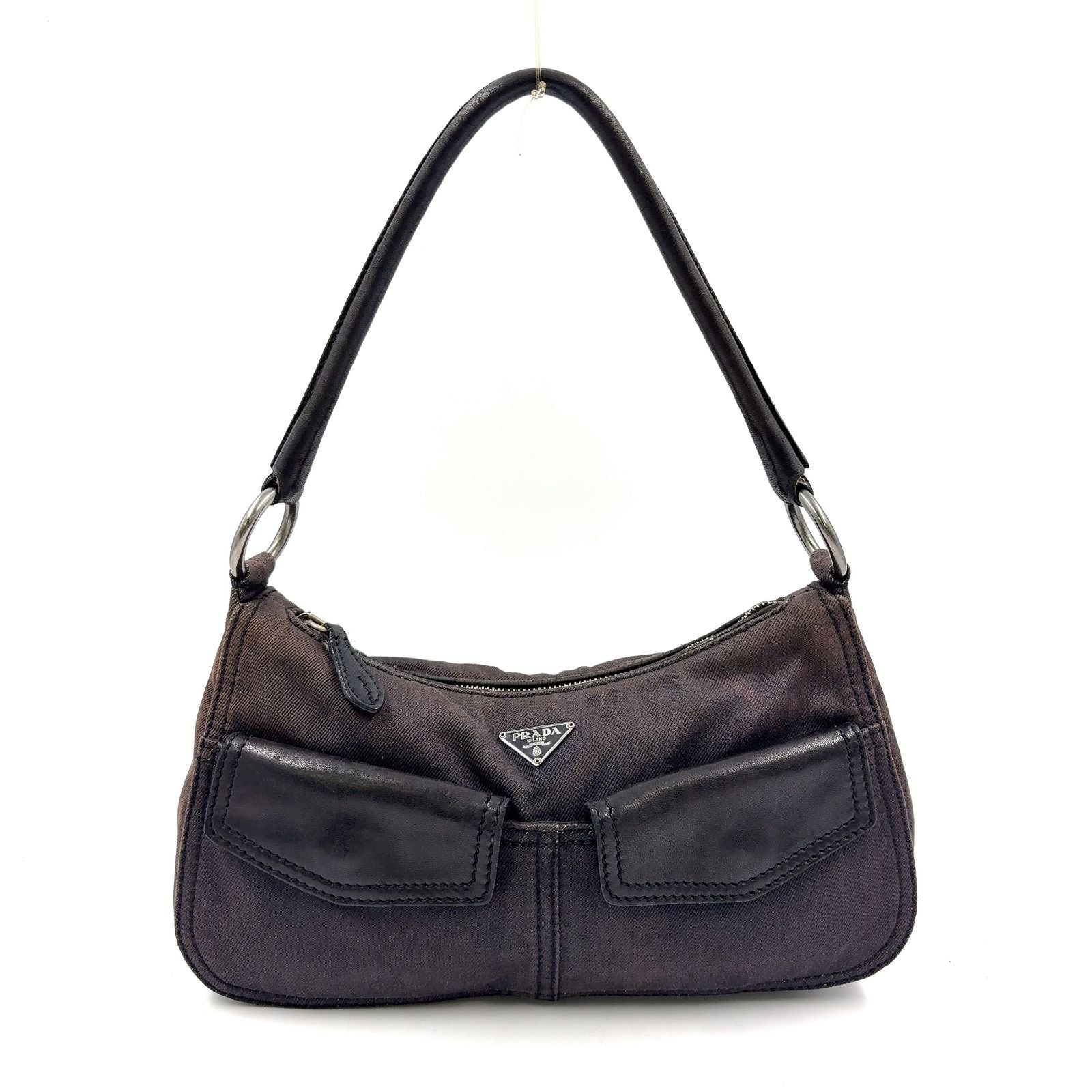 Prada Front Pocket Leather Denim Black Shoulder Bag Silver