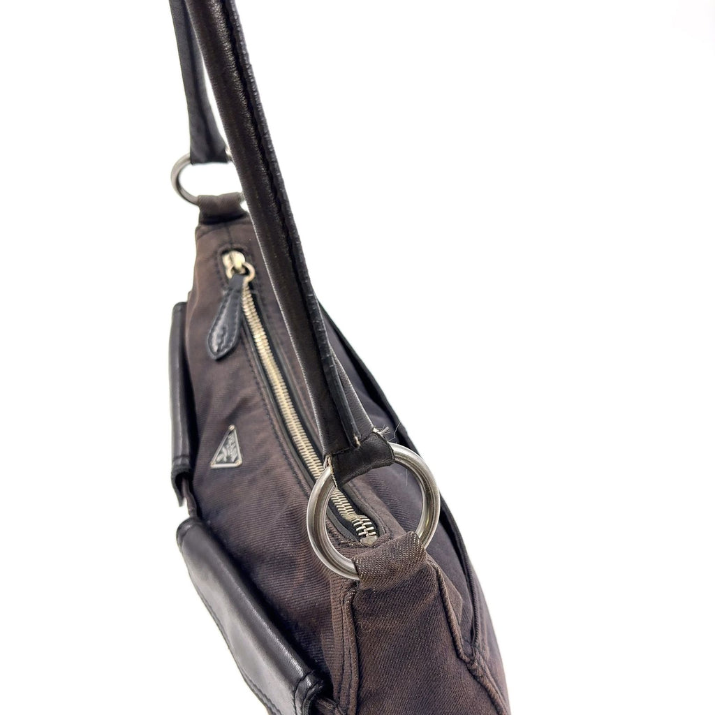 Prada Front Pocket Leather Denim Black Shoulder Bag Silver — view 5