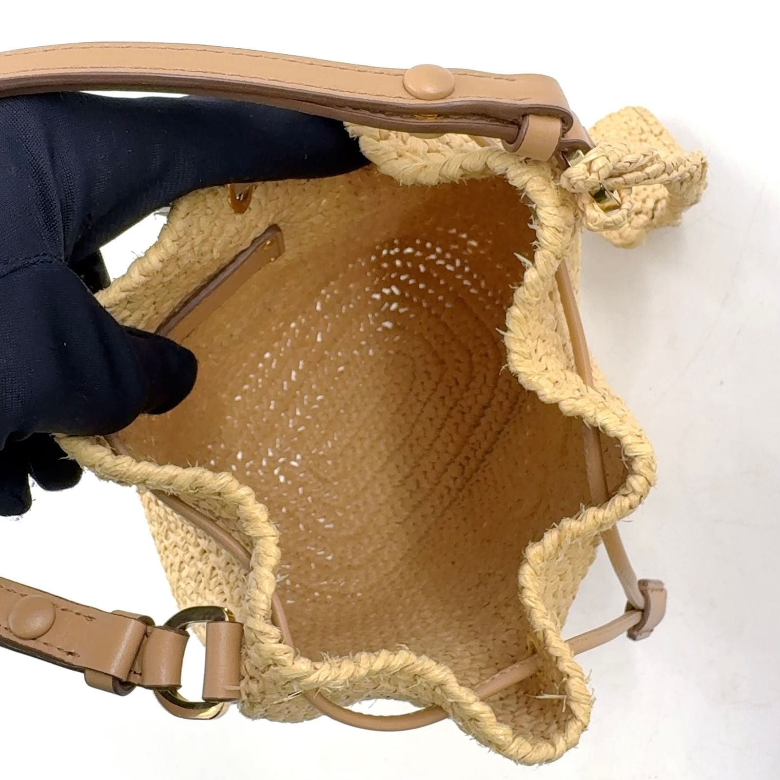 Prada Crochet Letter Ring Logo 2-Way Leather Raffia Beige Light Brown Handbag — view 3