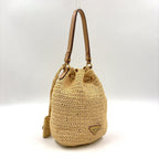 Prada Crochet Letter Ring Logo 2-Way Leather Raffia Beige Light Brown Handbag — view 2