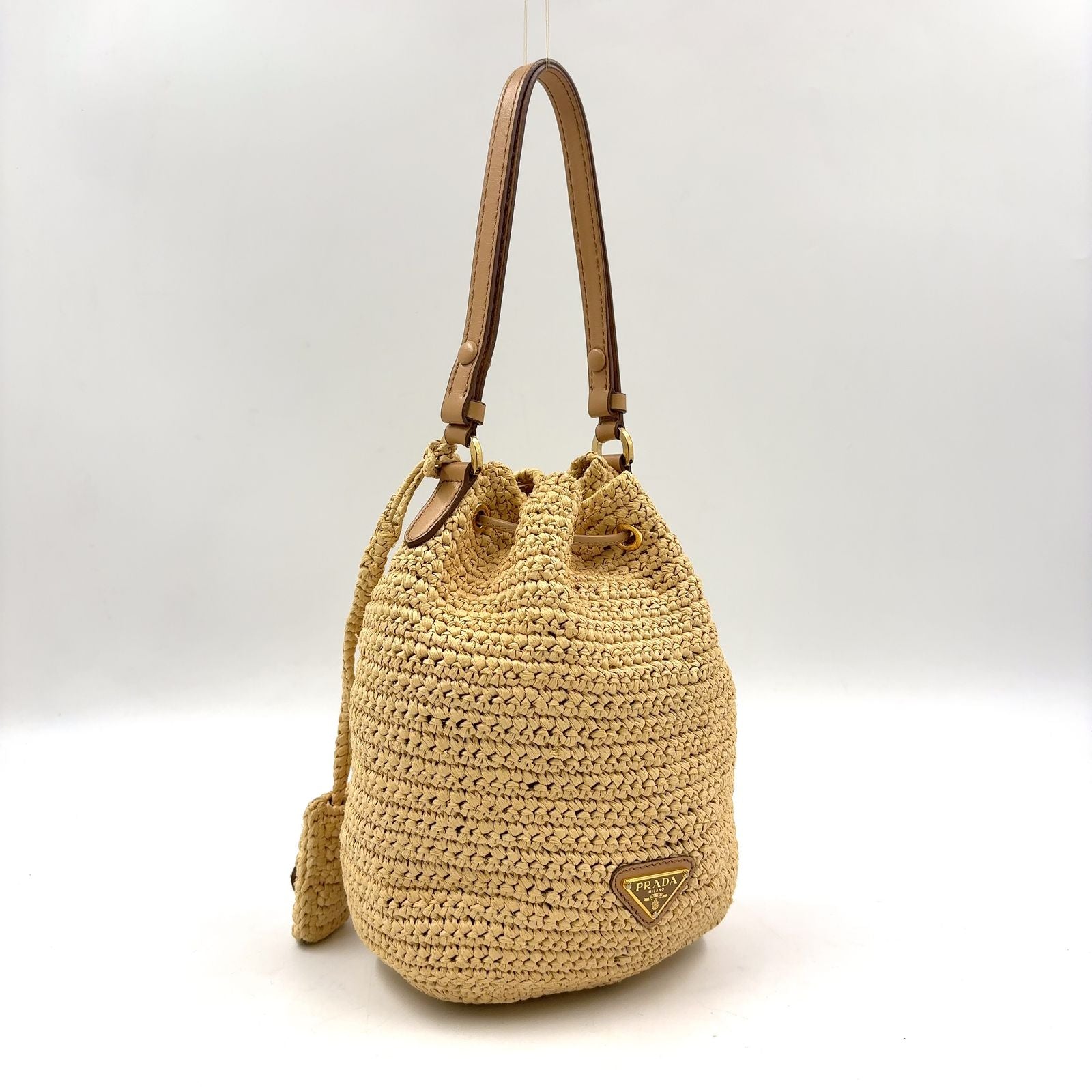 Prada Crochet Letter Ring Logo 2-Way Leather Raffia Beige Light Brown Handbag — view 2