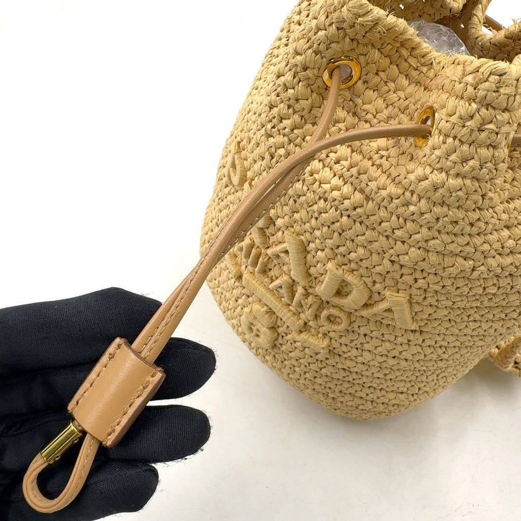 Prada Crochet Letter Ring Logo 2-Way Leather Raffia Beige Light Brown Handbag — view 7