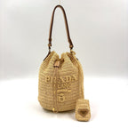 Prada Crochet Letter Ring Logo 2-Way Leather Raffia Beige Light Brown Handbag