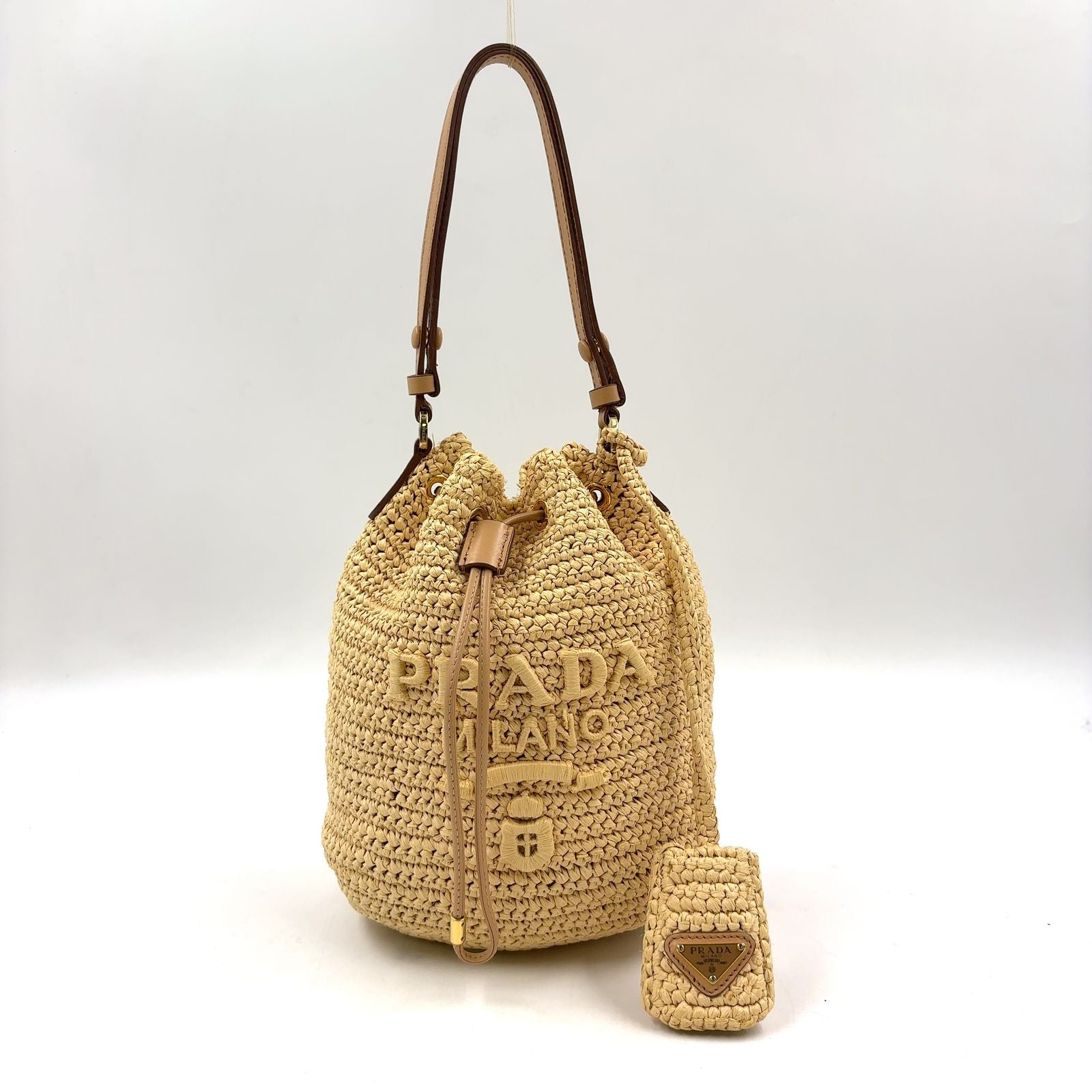 Prada Crochet Letter Ring Logo 2-Way Leather Raffia Beige Light Brown Handbag