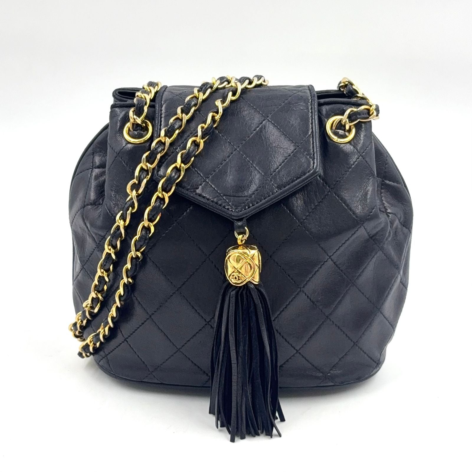 Chanel Quilted Tassel Lambskin Black Chain Shoulder Bag Gold