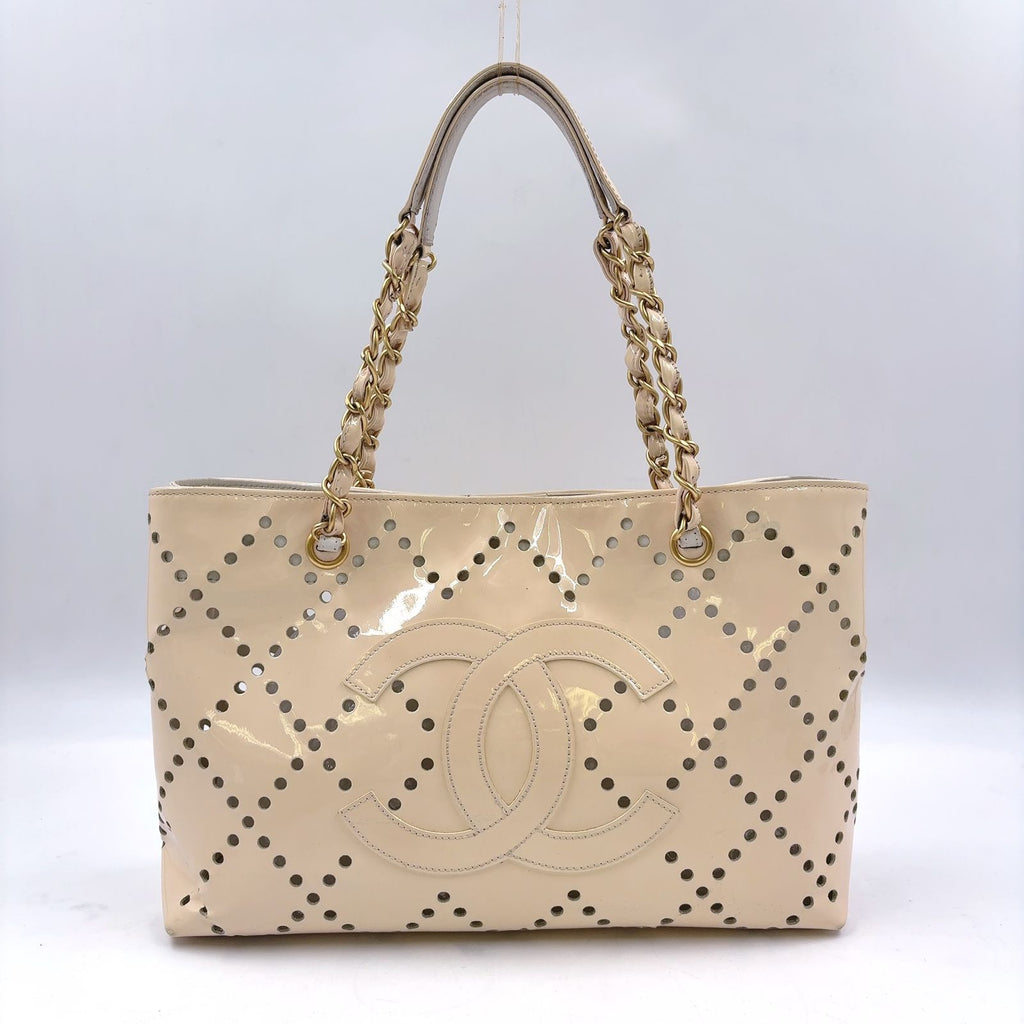 Chanel CC Logo Perforated Enamel Leather Beige Tote Bag Gold
