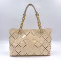 Chanel CC Logo Perforated Enamel Leather Beige Tote Bag Gold