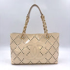 Chanel CC Logo Perforated Enamel Leather Beige Tote Bag Gold