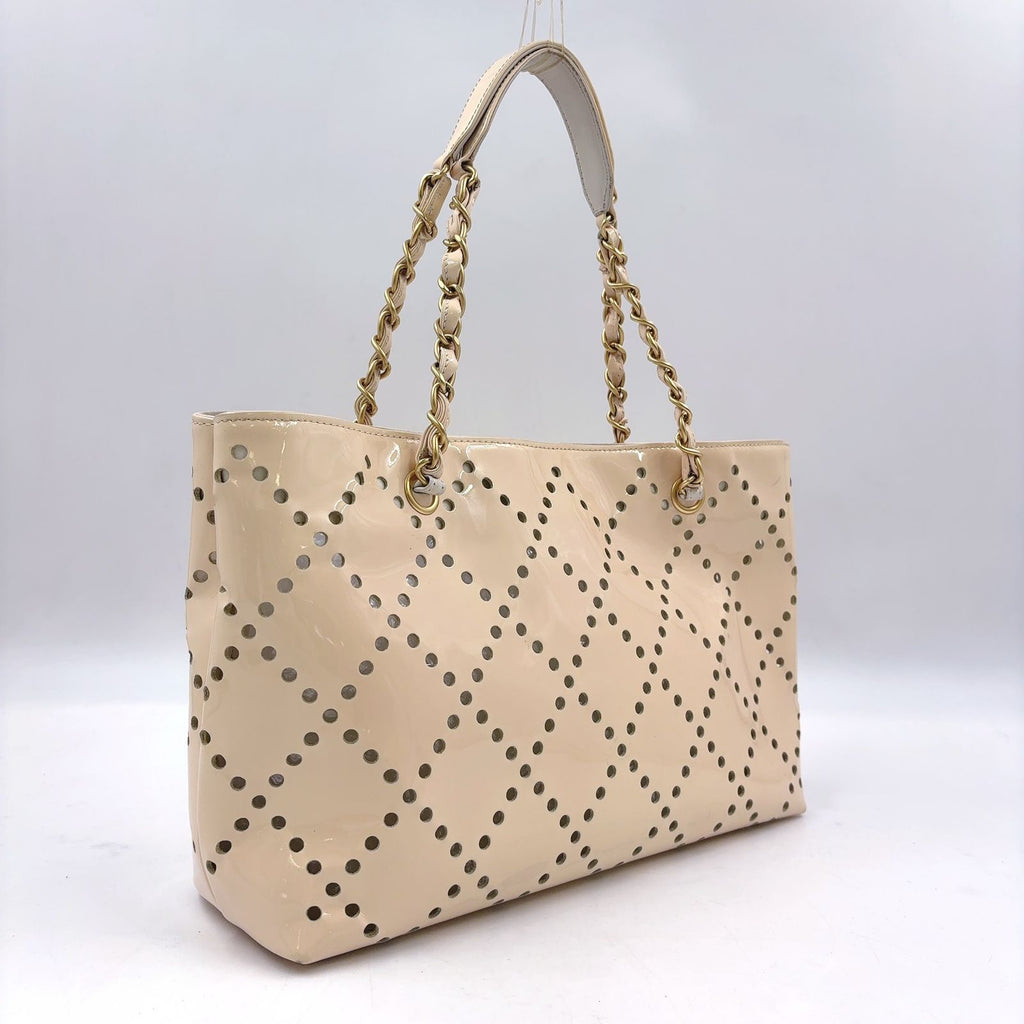 Chanel CC Logo Perforated Enamel Leather Beige Tote Bag Gold — view 2