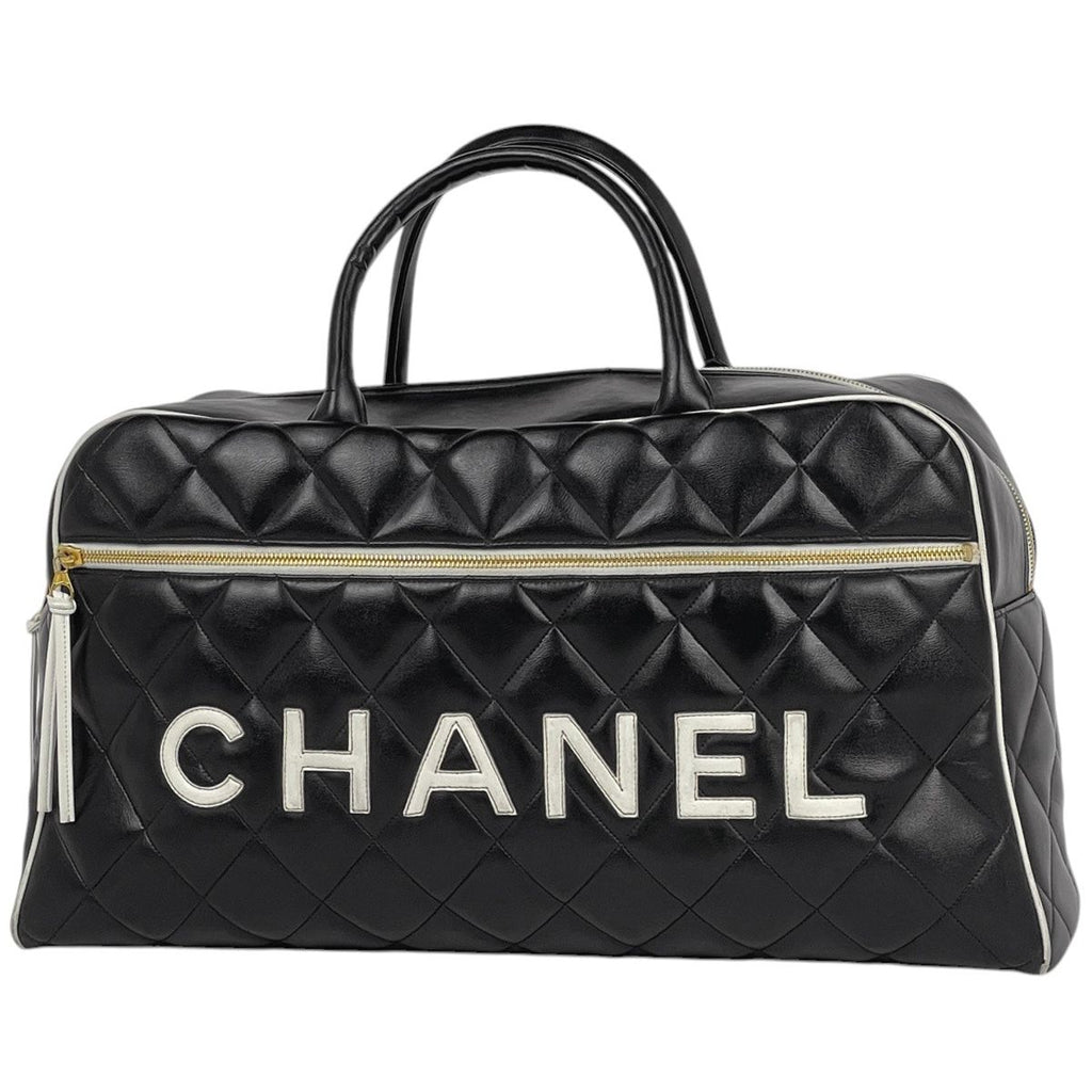 Chanel Boston Bag Quilted Leather Black White