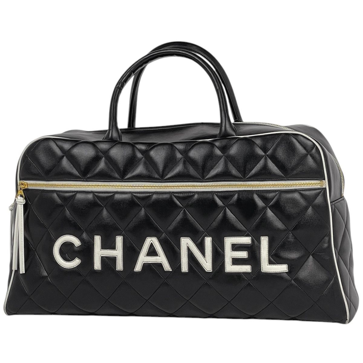 Chanel Boston Bag Quilted Leather Black White