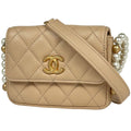 Chanel Shoulder Bag Quilted CC Logo Leather Beige