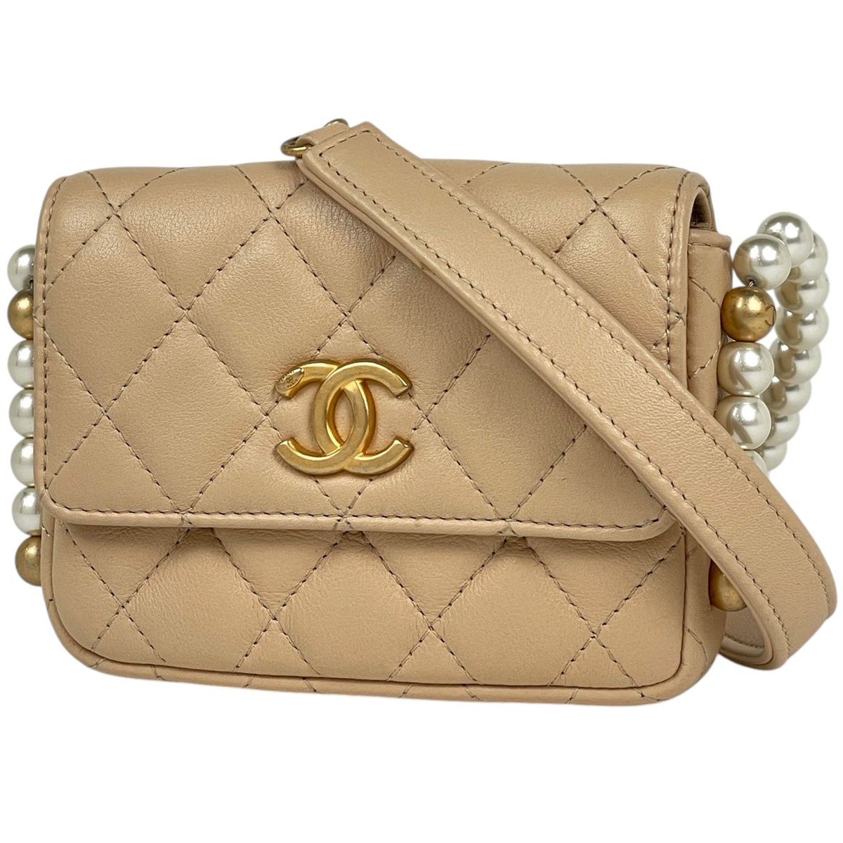 Chanel Shoulder Bag Quilted CC Logo Leather Beige