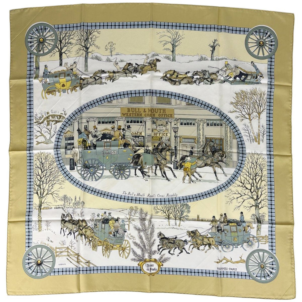 Hermes Carre 90 Lhiver en Poste Scarf Winter Mail Carriage Silk White Multicolor