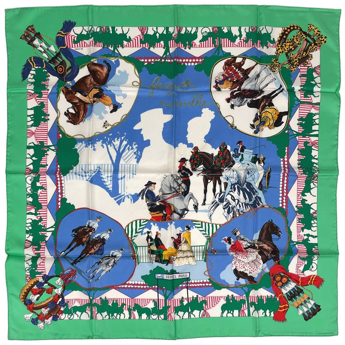 Hermes Carre 90 Feria de Sevilla Scarf Seville Holiday Silk Green Blue