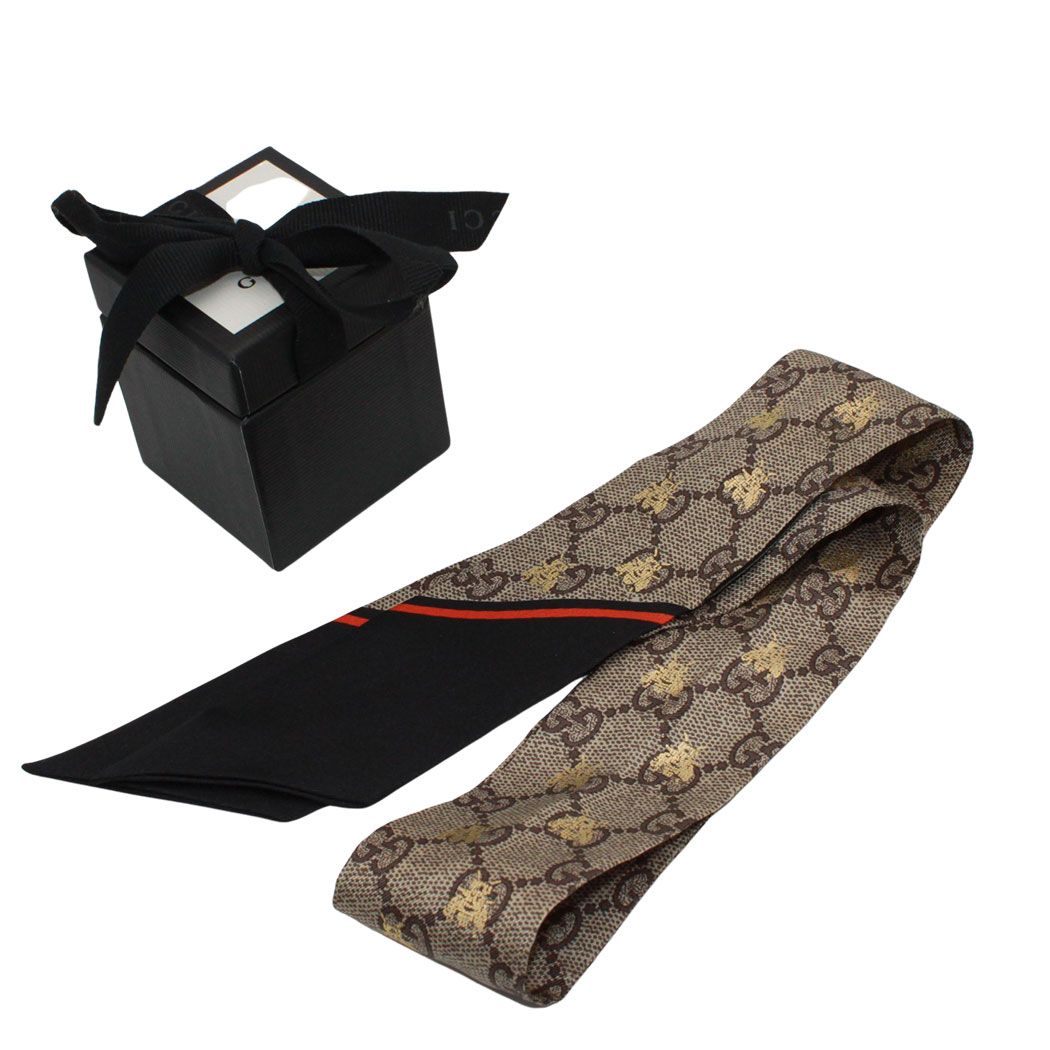 Gucci Scarf Silk GG Bee Neck Bow Gray Navy — view 6