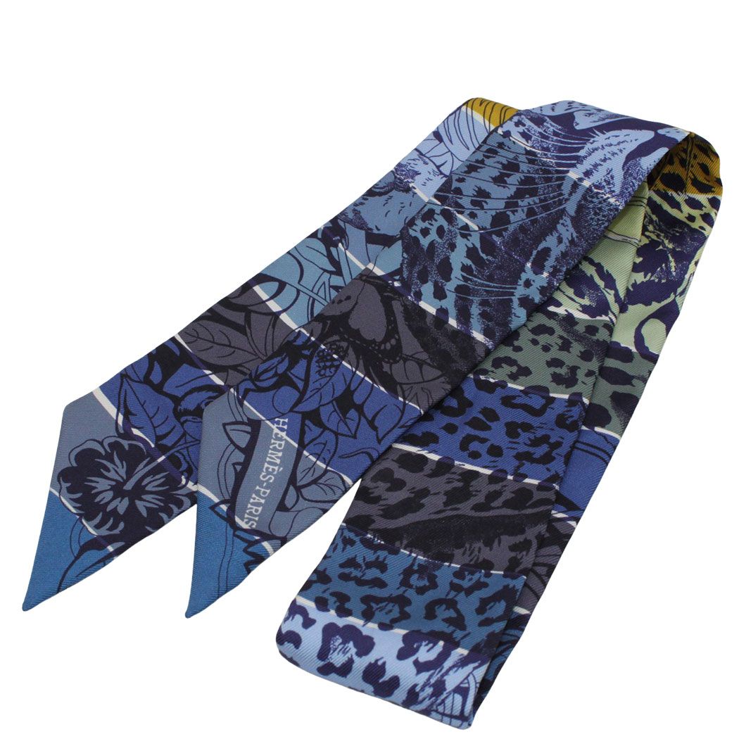 Hermes Scarf Jungle Love Rainbow Twilly Silk Blue Animal Parakeet Jaguar — view 2