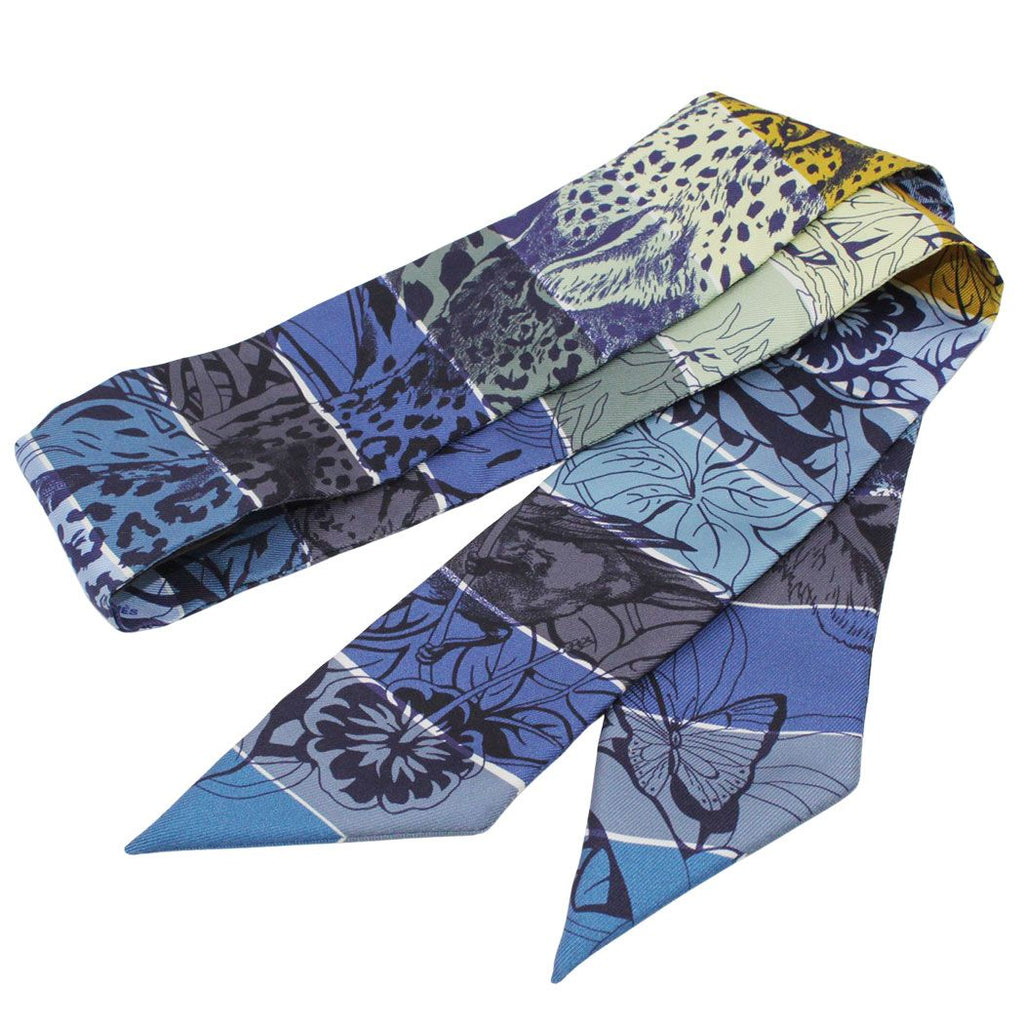 Hermes Scarf Jungle Love Rainbow Twilly Silk Blue Animal Parakeet Jaguar — view 3