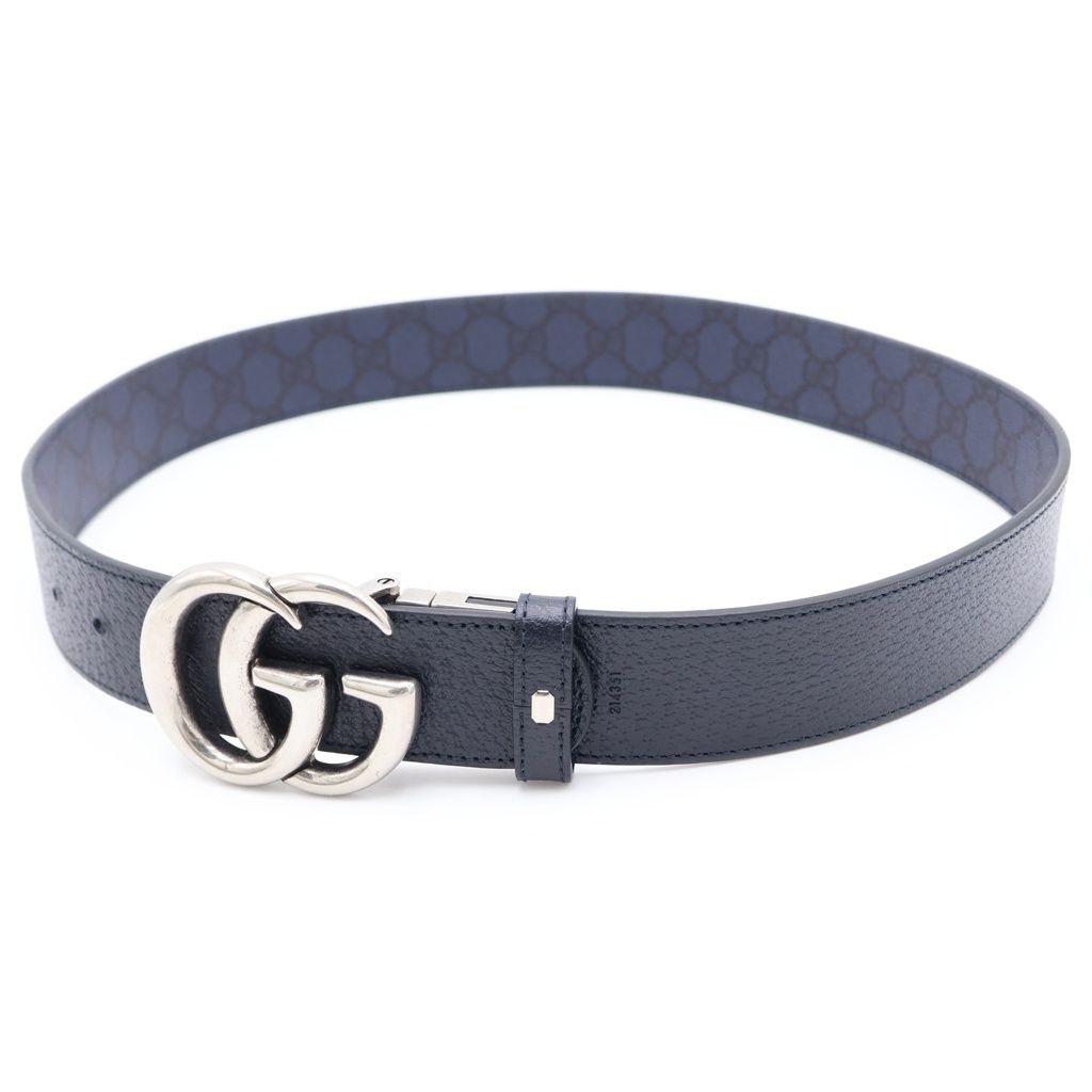 Gucci Interlocking G Buckle Leather Belt Navy GG Supreme Silver — view 5
