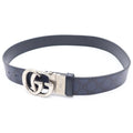 Gucci Interlocking G Buckle Leather Belt Navy GG Supreme Silver