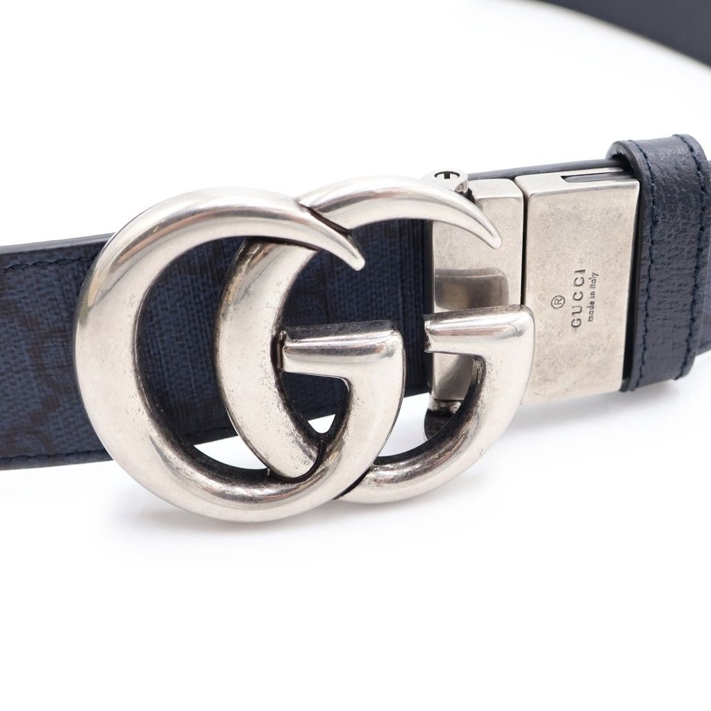 Gucci Interlocking G Buckle Leather Belt Navy GG Supreme Silver — view 4