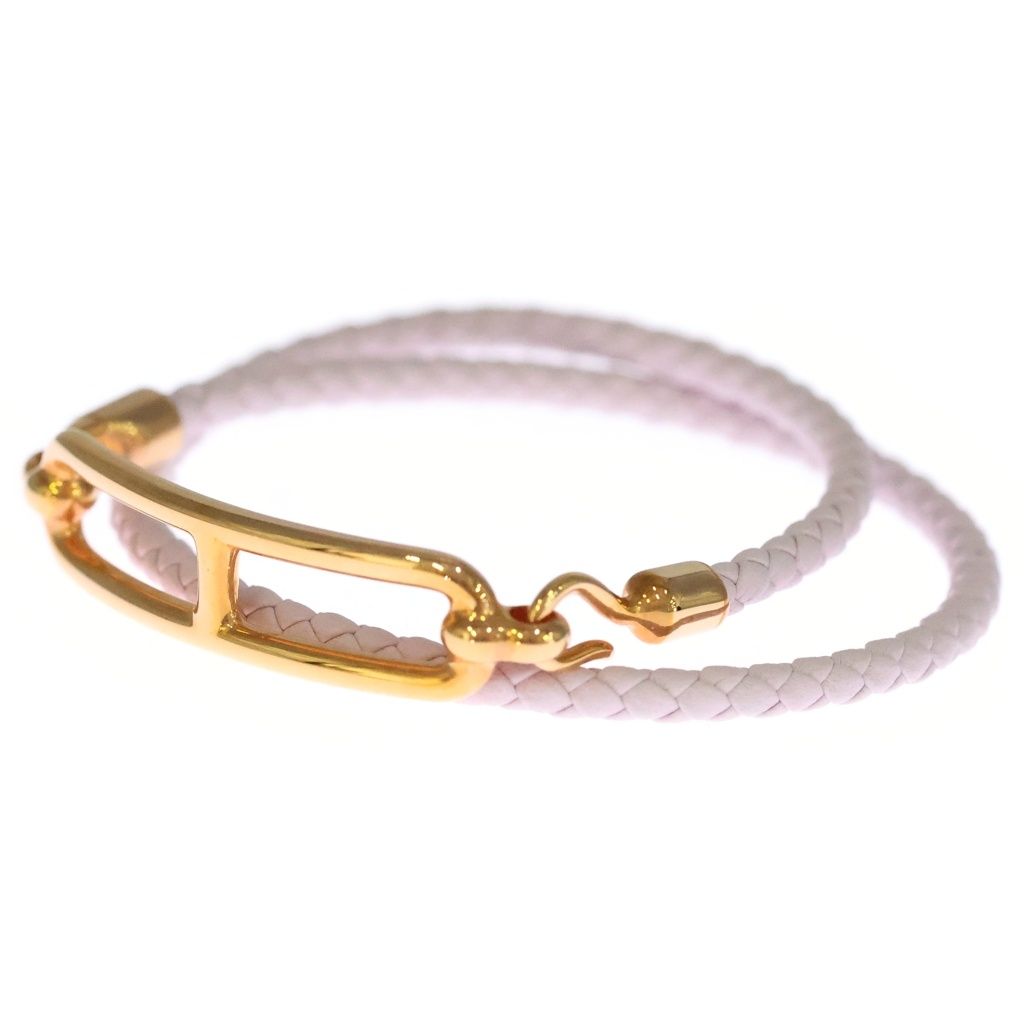 Hermes Roulis Double Tour Leather Bracelet Rose Sakura Gold Plated Pink