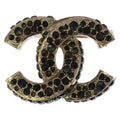 Chanel Mark Rhinestone Brooch Pin Badge Gold
