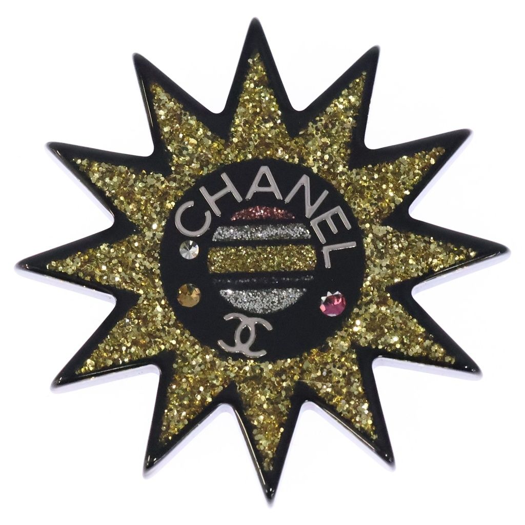 Chanel Sun Motif Rhinestone Brooch Pin Badge Black Yellow Resin Strass