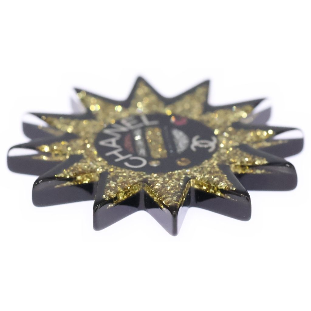 Chanel Sun Motif Rhinestone Brooch Pin Badge Black Yellow Resin Strass — view 3