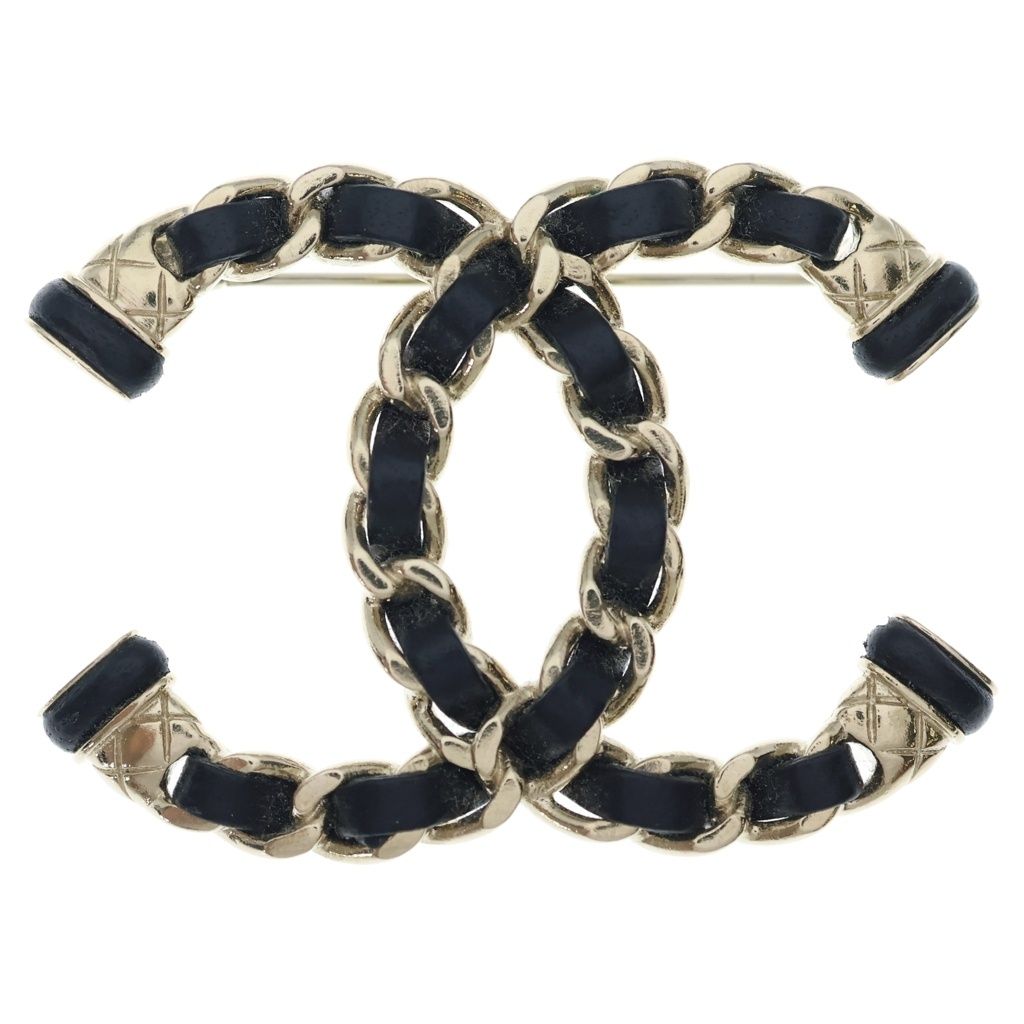 Chanel Coco Brooch CC Logo Leather Black Gold