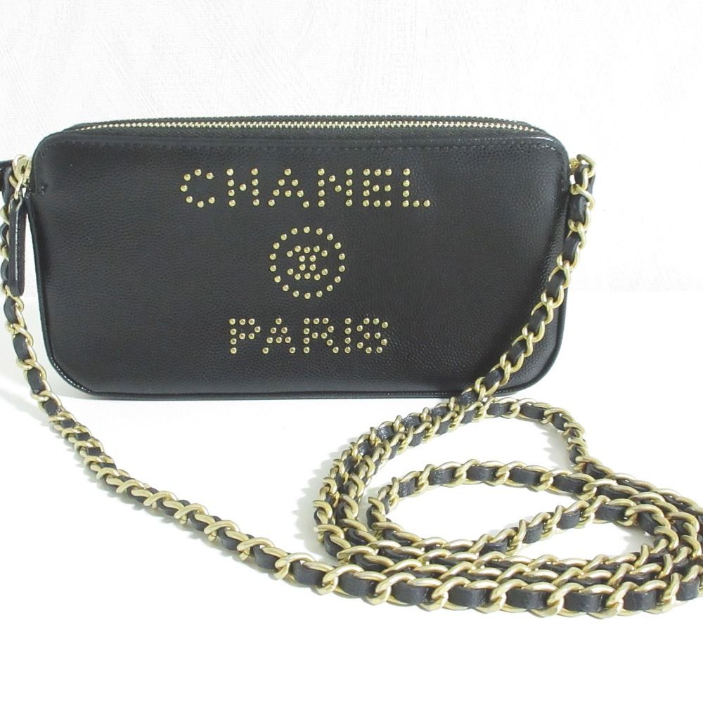 Chanel Deauville Caviar Leather Chain Wallet Shoulder Bag Black