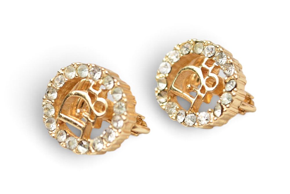 Dior Earrings Vintage Logo Rhinestone Gold — view 4