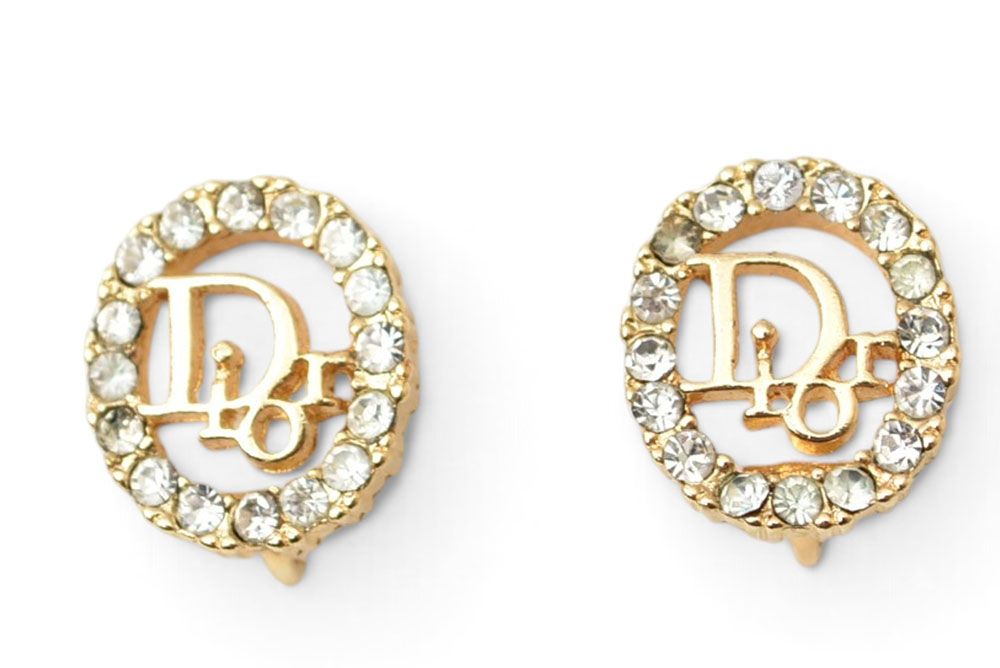 Dior Earrings Vintage Logo Rhinestone Gold