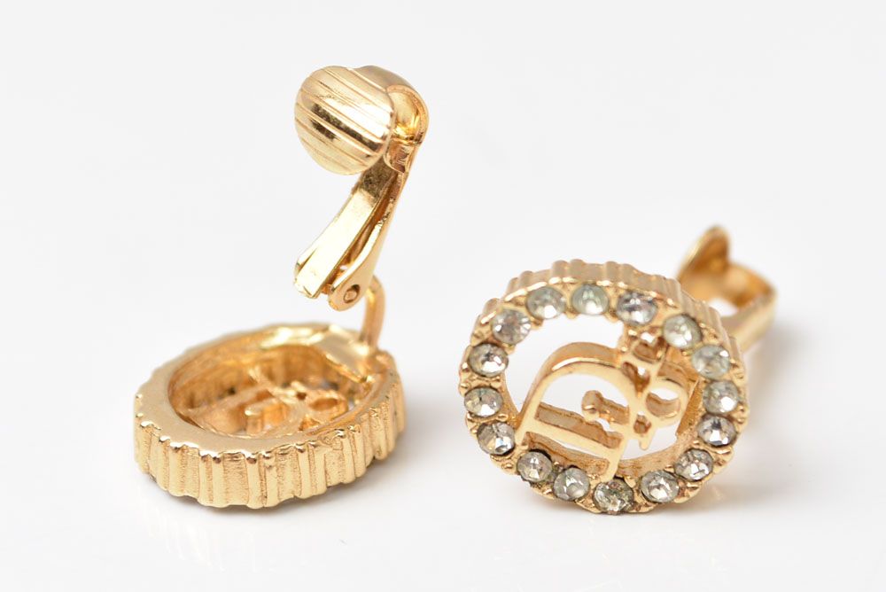 Dior Earrings Vintage Logo Rhinestone Gold — view 2