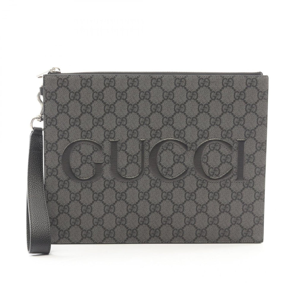 Gucci Clutch GG Supreme Gray Black Canvas Leather