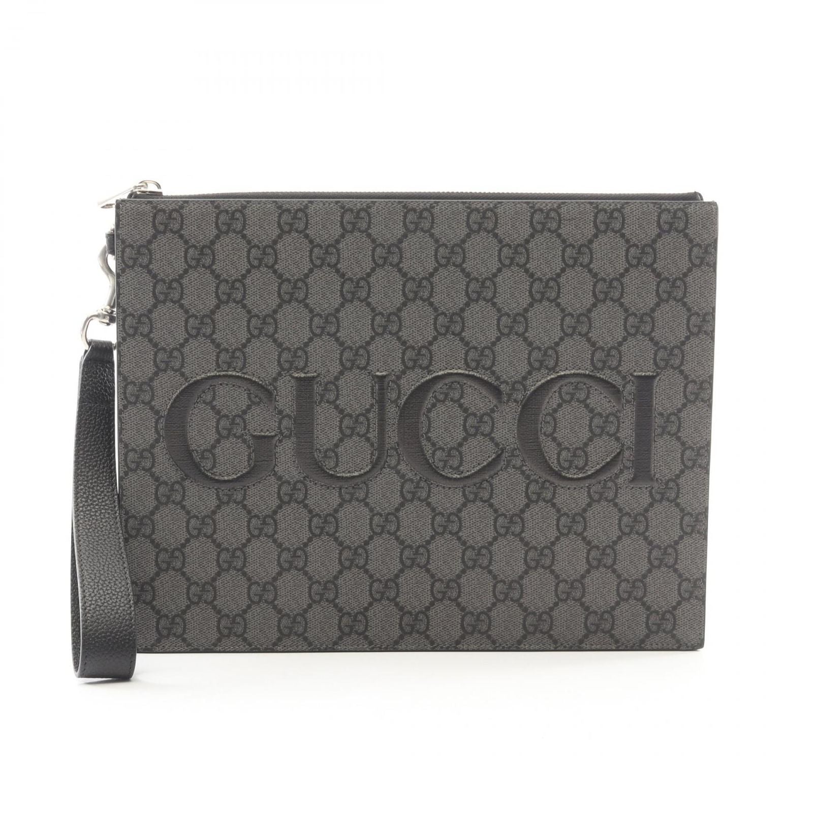 Gucci Clutch GG Supreme Gray Black Canvas Leather