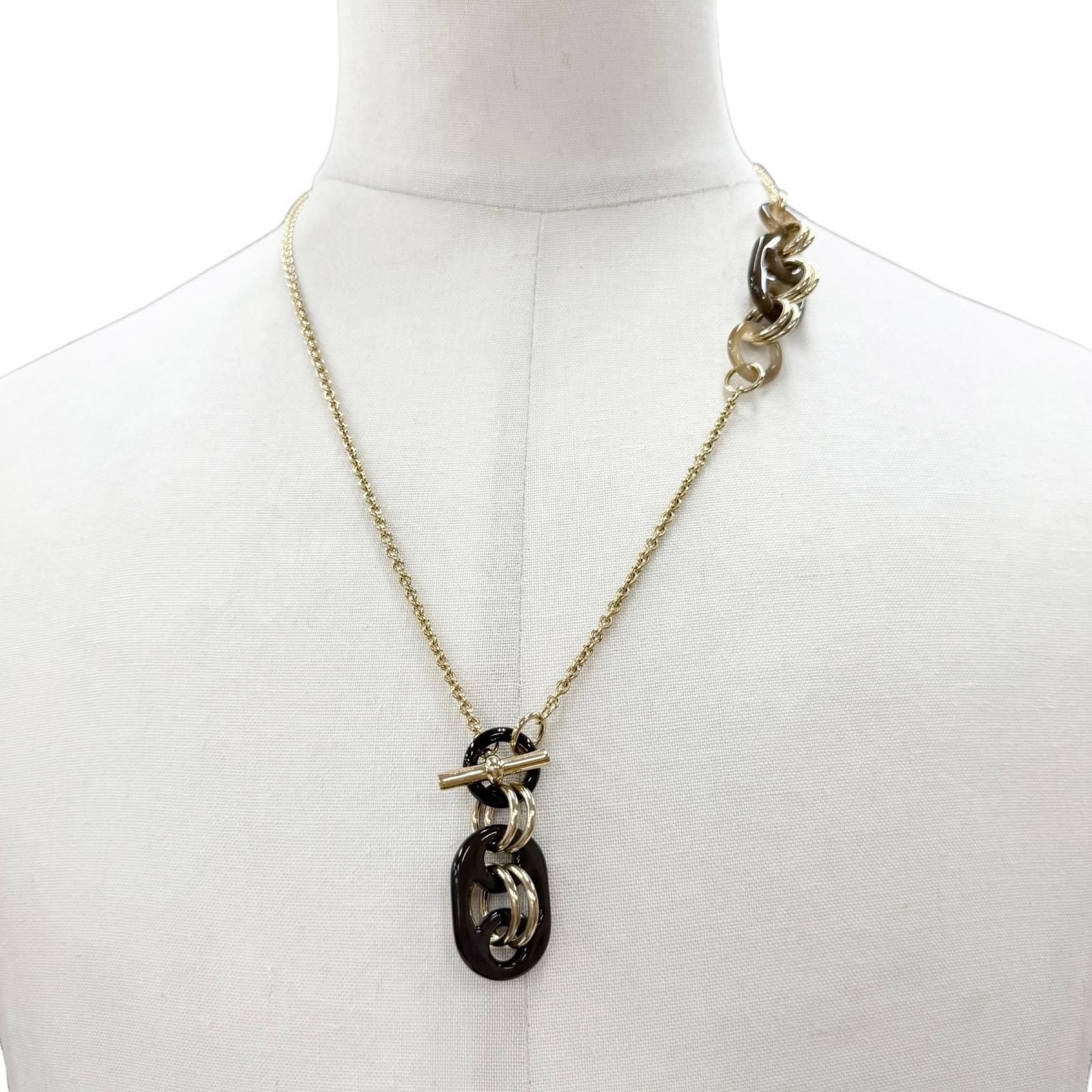 Hermes Pendant PM Buffalo Horn Chain Necklace Gold Brown — view 2