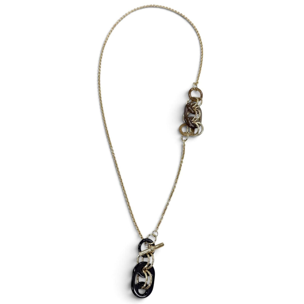 Hermes Pendant PM Buffalo Horn Chain Necklace Gold Brown