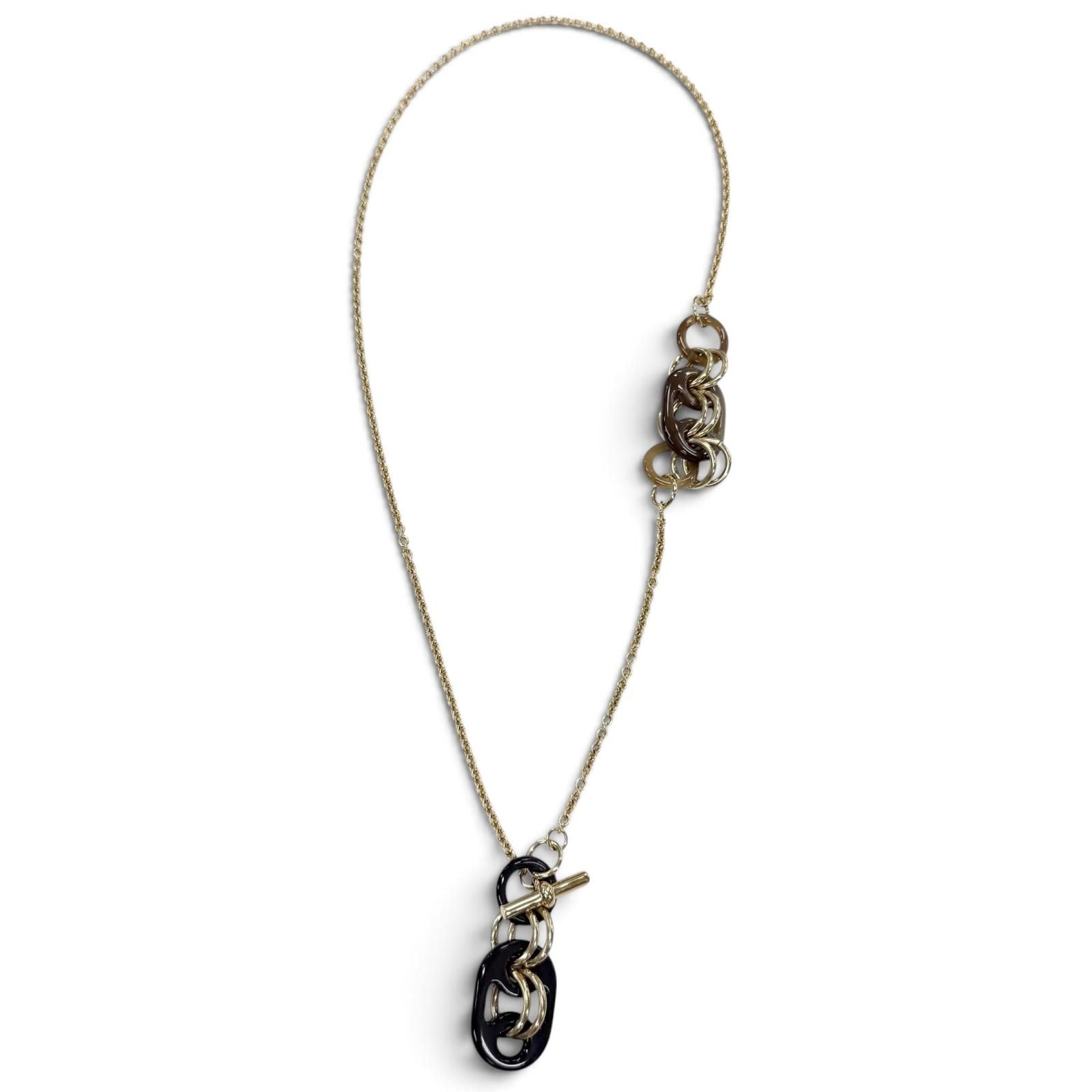Hermes Pendant PM Buffalo Horn Chain Necklace Gold Brown